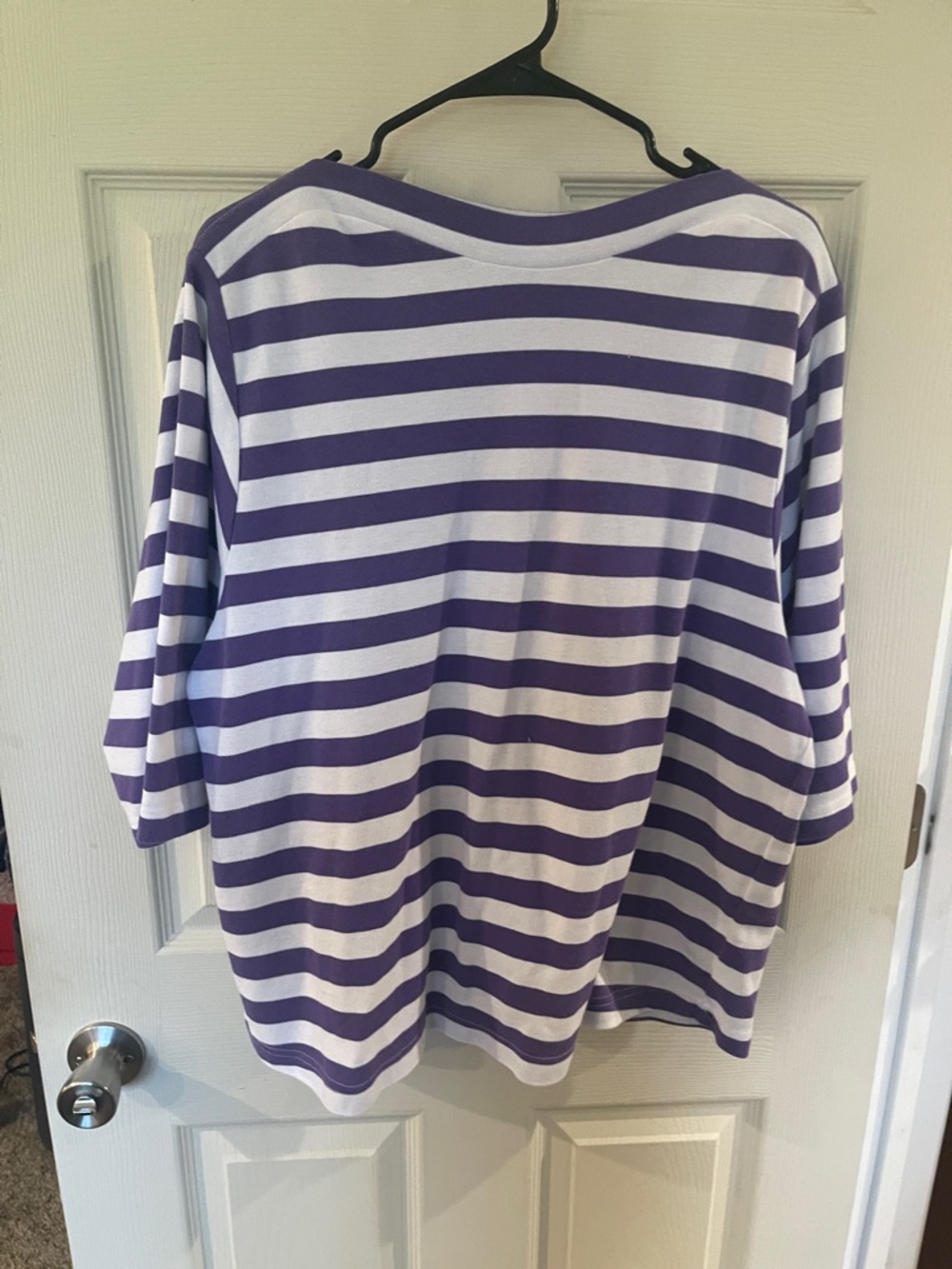 Women's Purple and White Striped Top - Relaxed Boat Neck
